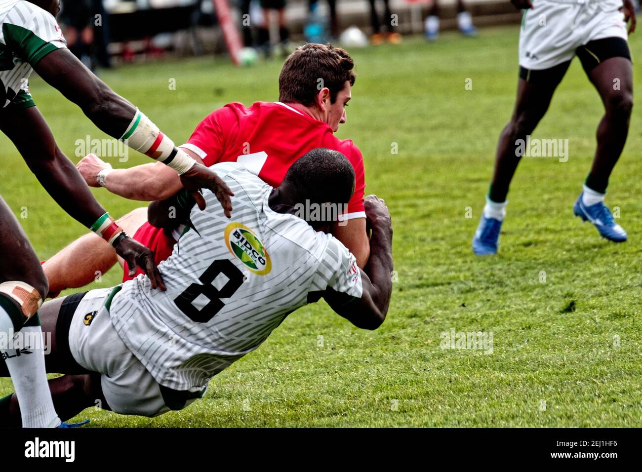 Madrid, Spagna. 20 Feb 2021. Torneo Internazionale di Rugby 7s di Madrid. Torneo maschile. 1 ° fine settimana. Portogallo vs Kenya. Università Complutense, Madrid, Spagna. Credit: EnriquePSans / Alamy Live News Foto Stock