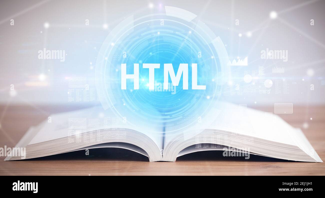 Libro aperto con abbreviazione HTML, concetto di tecnologia moderna Foto Stock