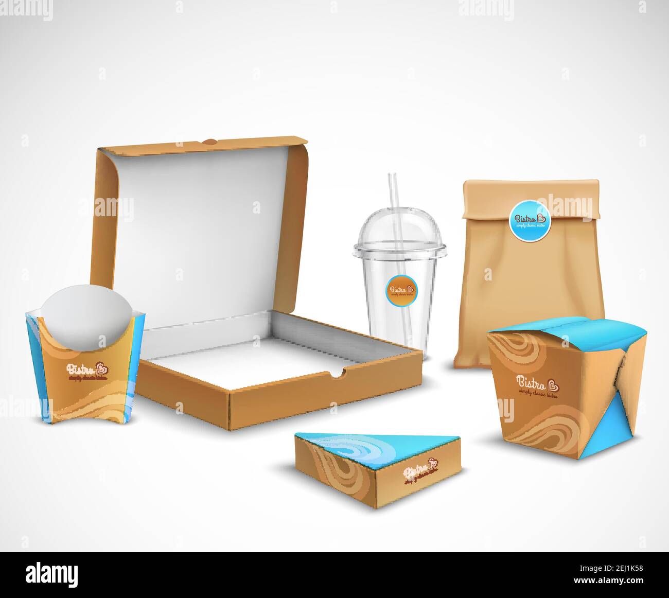 Fast food packaging identità aziendale modelli realistici set beige moderno e colori turchesi blu brillante illustrazione vettoriale Illustrazione Vettoriale