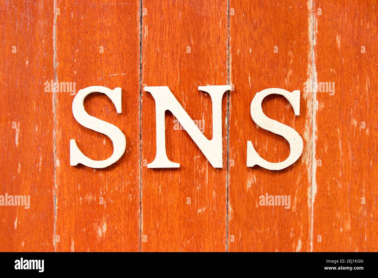 Lettera alfabetica nella parola SNS (Abbreviazione di Social Networking Site o spiacenti) su vecchio sfondo di legno di colore rosso Foto Stock