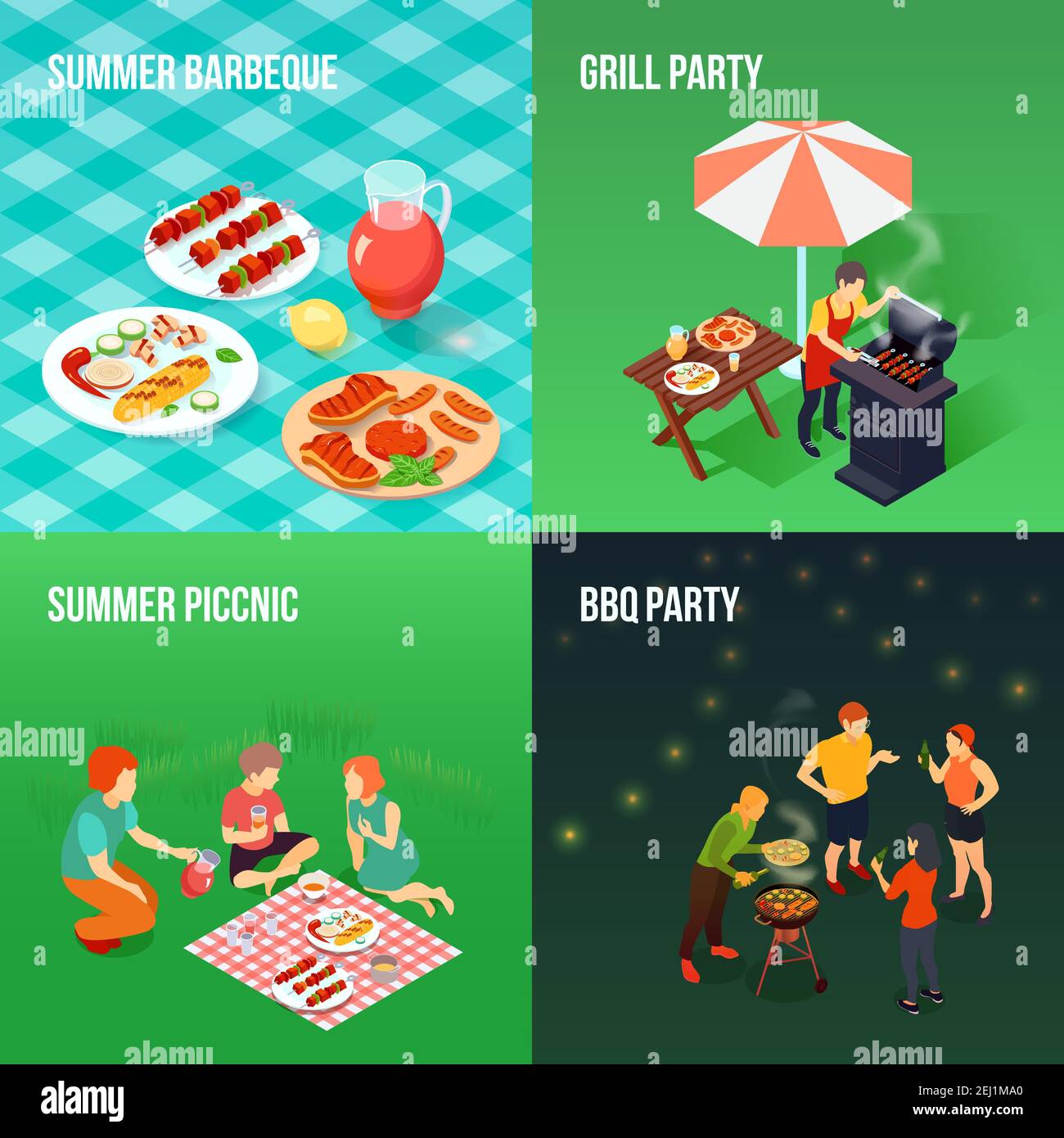 Famiglia picnic concetto isometrico con mangiare su erba, barbecue partito, chef e barbecue attrezzature isolato vettore illustrazione Illustrazione Vettoriale