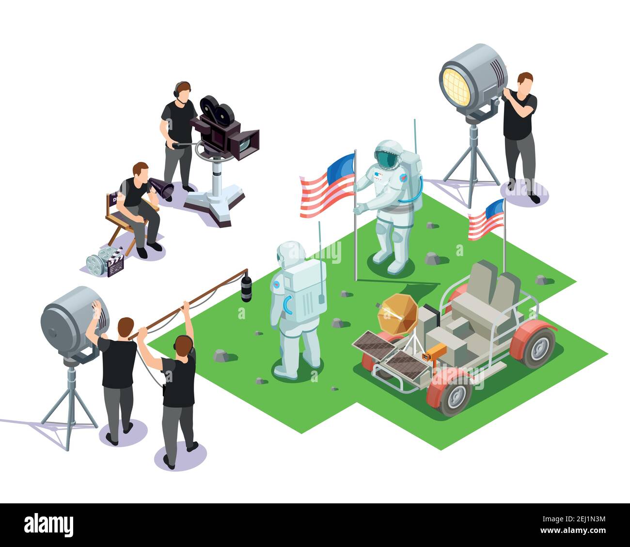 Composizione isometrica con operatori cinematografici che girano scene con astronauti americani immagine vettoriale 3d su sfondo bianco Illustrazione Vettoriale