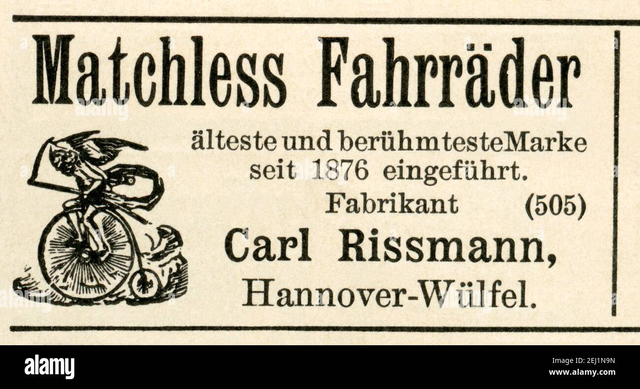 Europa, Deutschland, Niedersachsen, Hannover, Werbung der Firma Carl Rissmann in Hannover für matchless Fahrräder, Größe der Anzeige : 4,5 cm x 2,5 cm, Motiv aus : ' Illucrirte Zeitung ', Nr. 2911 , 13. 04. 1899 . / Europa, Germania, bassa Sassonia, Hannover, pubblicità della società Carl Rissmann ad Hannover per biciclette senza matchless, dimensioni dell'annuncio 4,5 cm x 2,5 cm , immagine da: ' Illucrirte Zeitung ', n° 2911, 13. 04. 1899 . Foto Stock