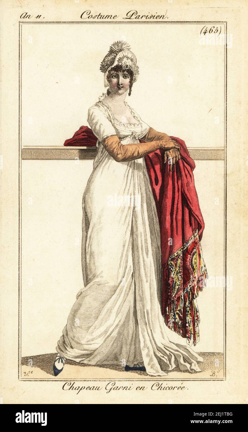 Donna in abito formale, guanti lunghi, scialle ricamate e cappello decorato  con cicoria. Chapeau Garni en Chiclorée. Incisione a mano su copperplate di  Pierre Charles Baquoy dopo Carle Vernet da Pierre de