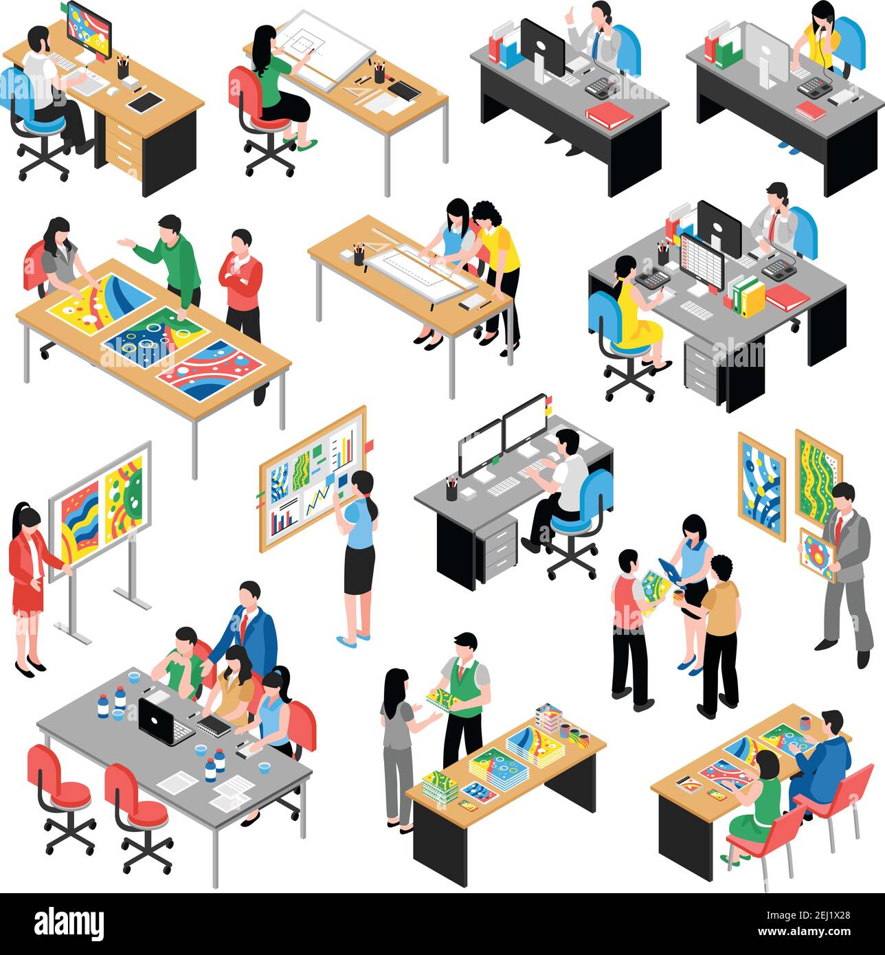 Azienda di sviluppo collezione di icone isometriche per ufficio con modernizzazione della pianificazione del lavoro di squadra progettazione su computer desktop illustrazione vettoriale isolata Illustrazione Vettoriale