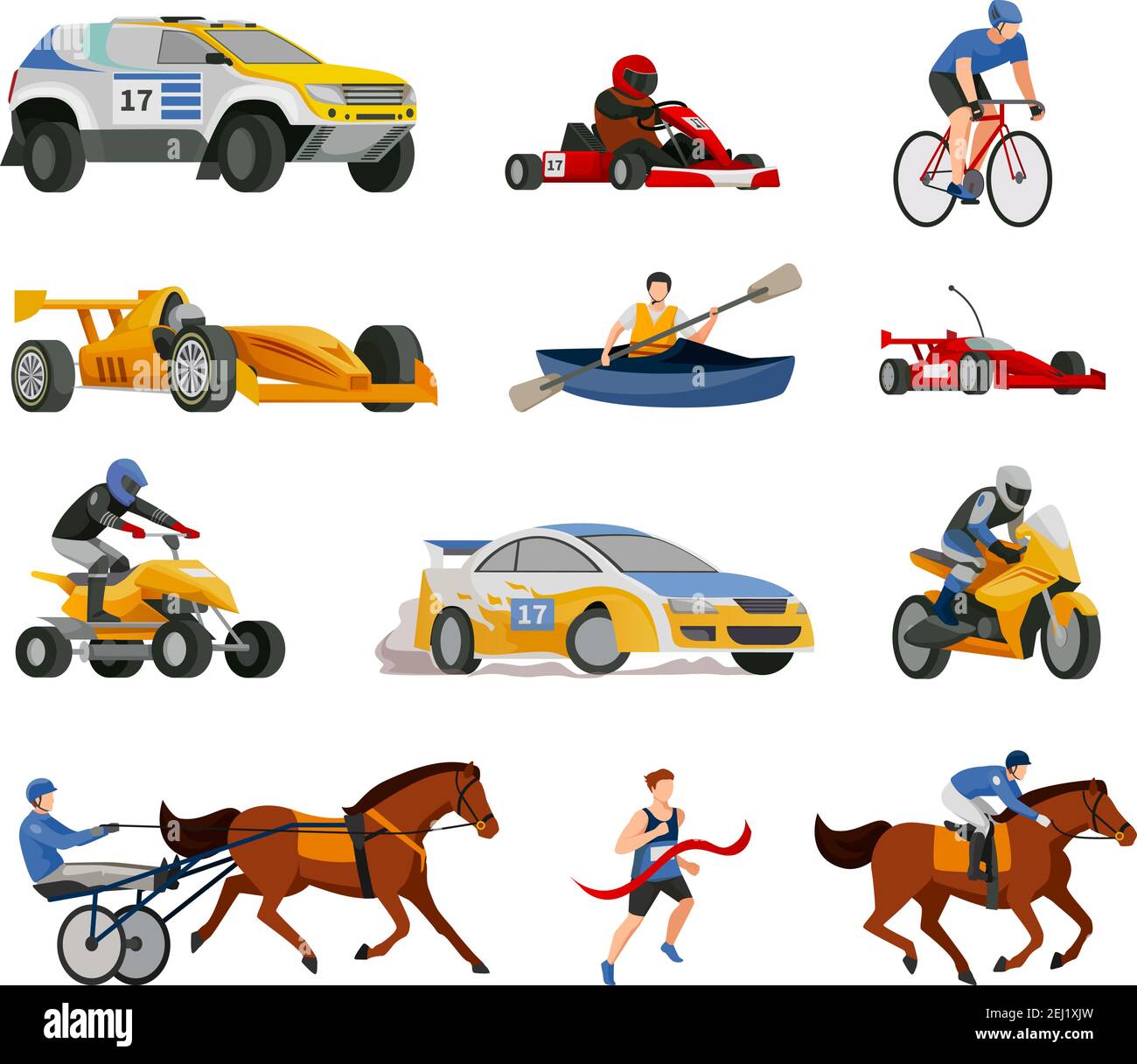 Collezione di icone racing flat di immagini isolate di corse automobilistiche auto biciclette corsa barche e carri illustrazione vettoriale Illustrazione Vettoriale