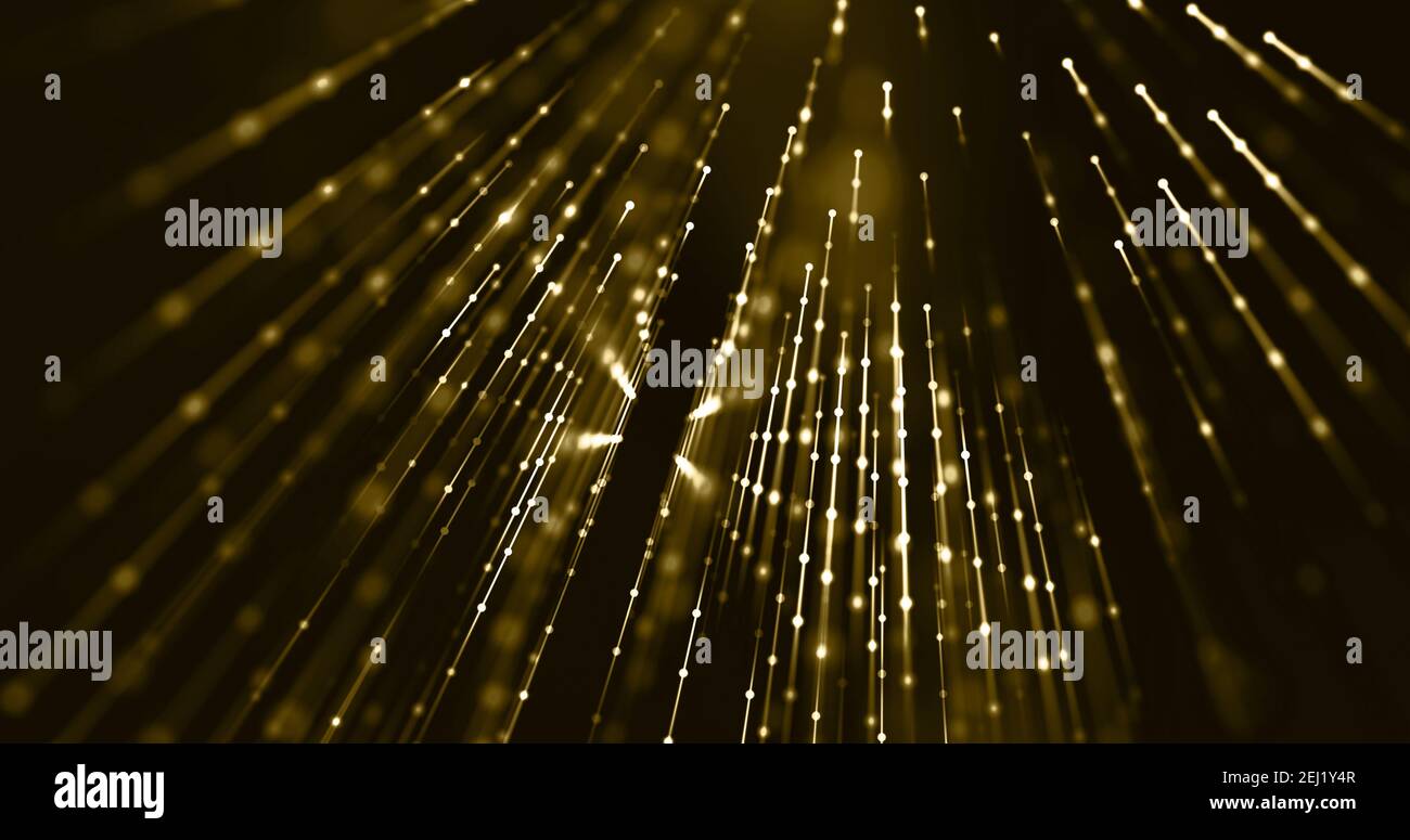 Trasferimento di informazioni in oro con punti e che rappresentano la fibra di dati. Tecnologia, lusso, concetto informatico. rendering 3d. Foto Stock
