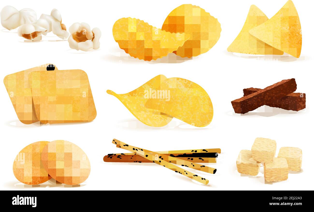 Spuntini salati con immagini isolate di biscotti nachos chips e pop corn su sfondo vuoto illustrazione vettoriale Illustrazione Vettoriale