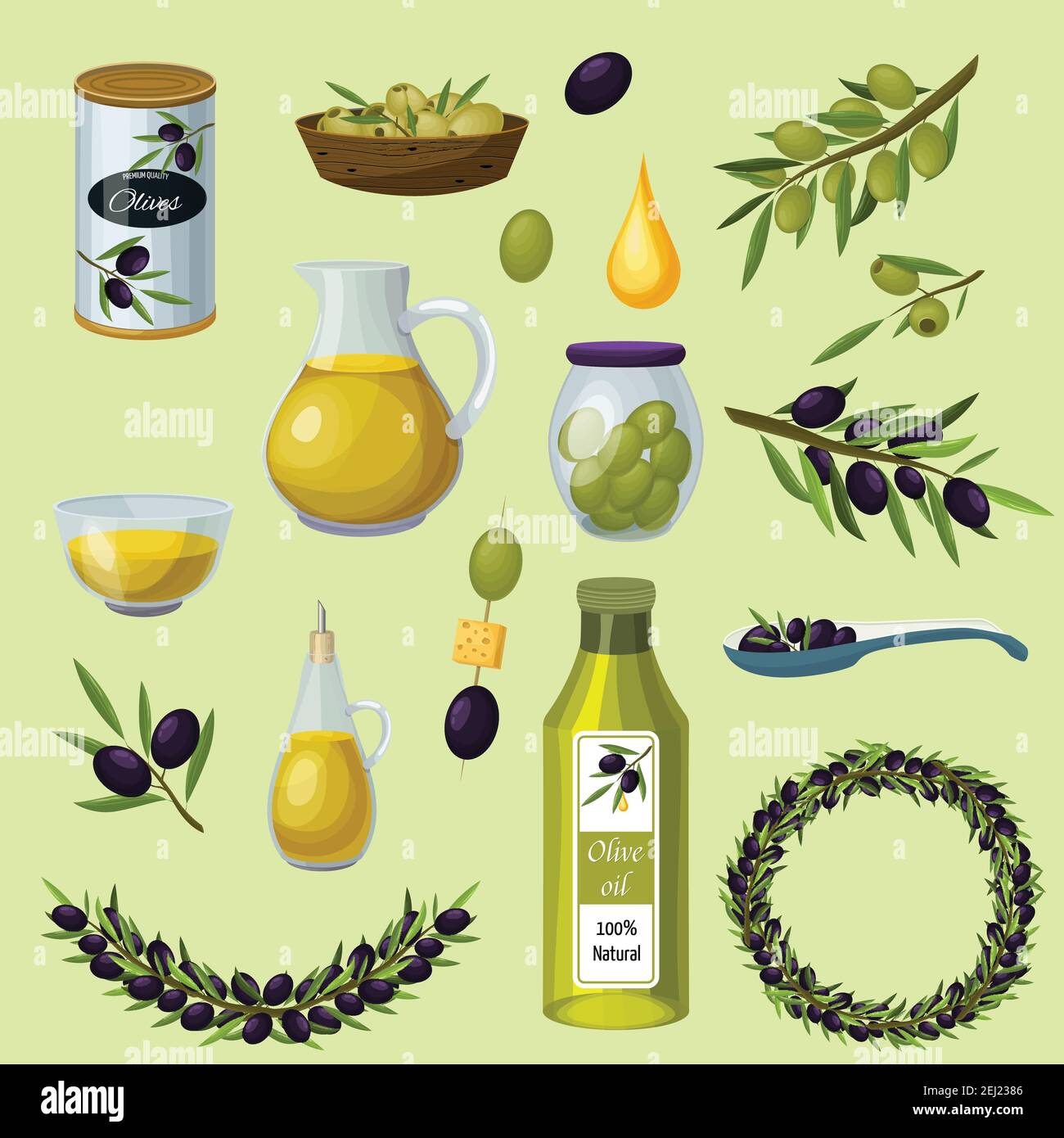 Olive verdi e nere prodotti sani cartoni animati icone con bottiglia virgin tradizionale olio da cucina sfondo illustrazione vettoriale Illustrazione Vettoriale