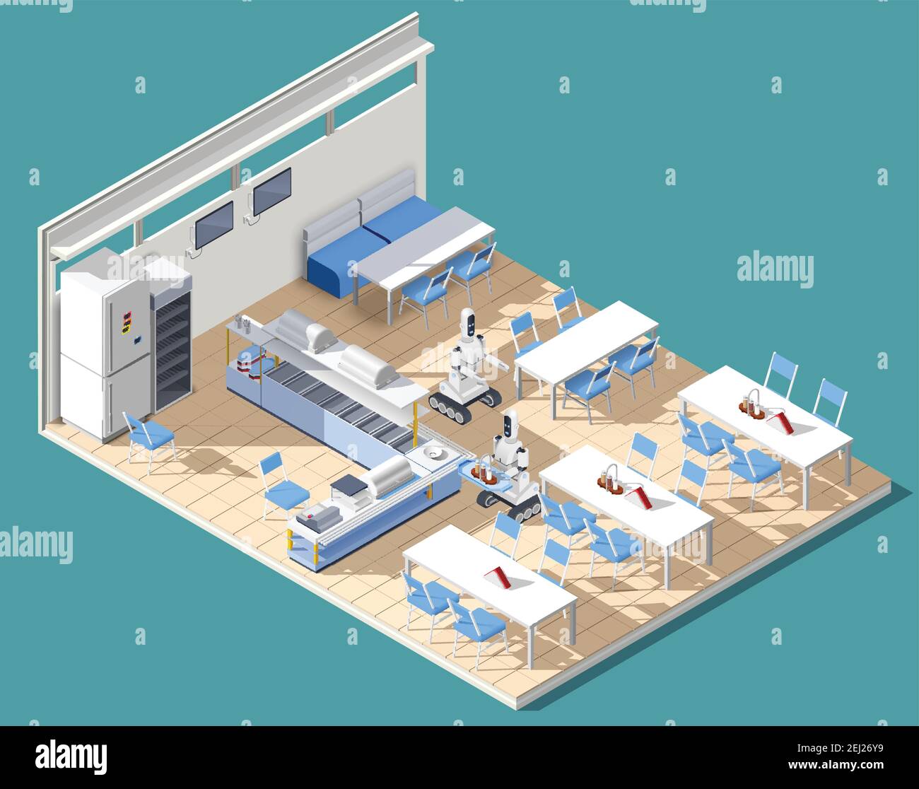 Fast food servizio ristorante interno isometrico con tavoli sedie e. i camerieri robotici inseguono gli alimenti sui piatti illustrazione vettoriale Illustrazione Vettoriale