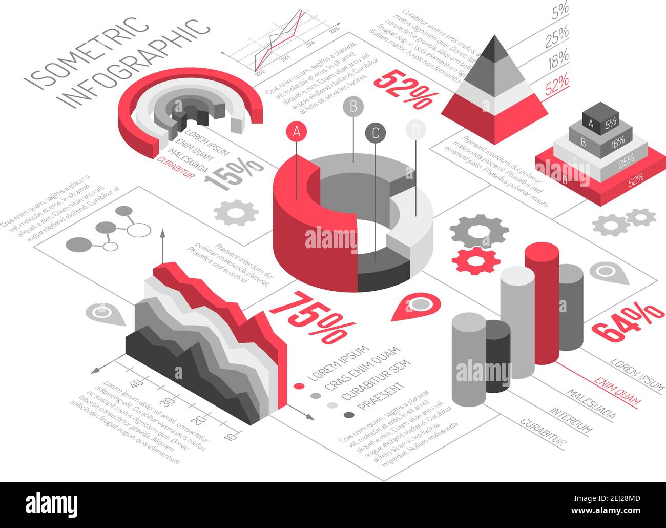 I diagrammi isometrici infografiche in bianco e nero con oggetti geometrici solidi per grafici e diagrammi con illustrazione vettoriale di testo Illustrazione Vettoriale