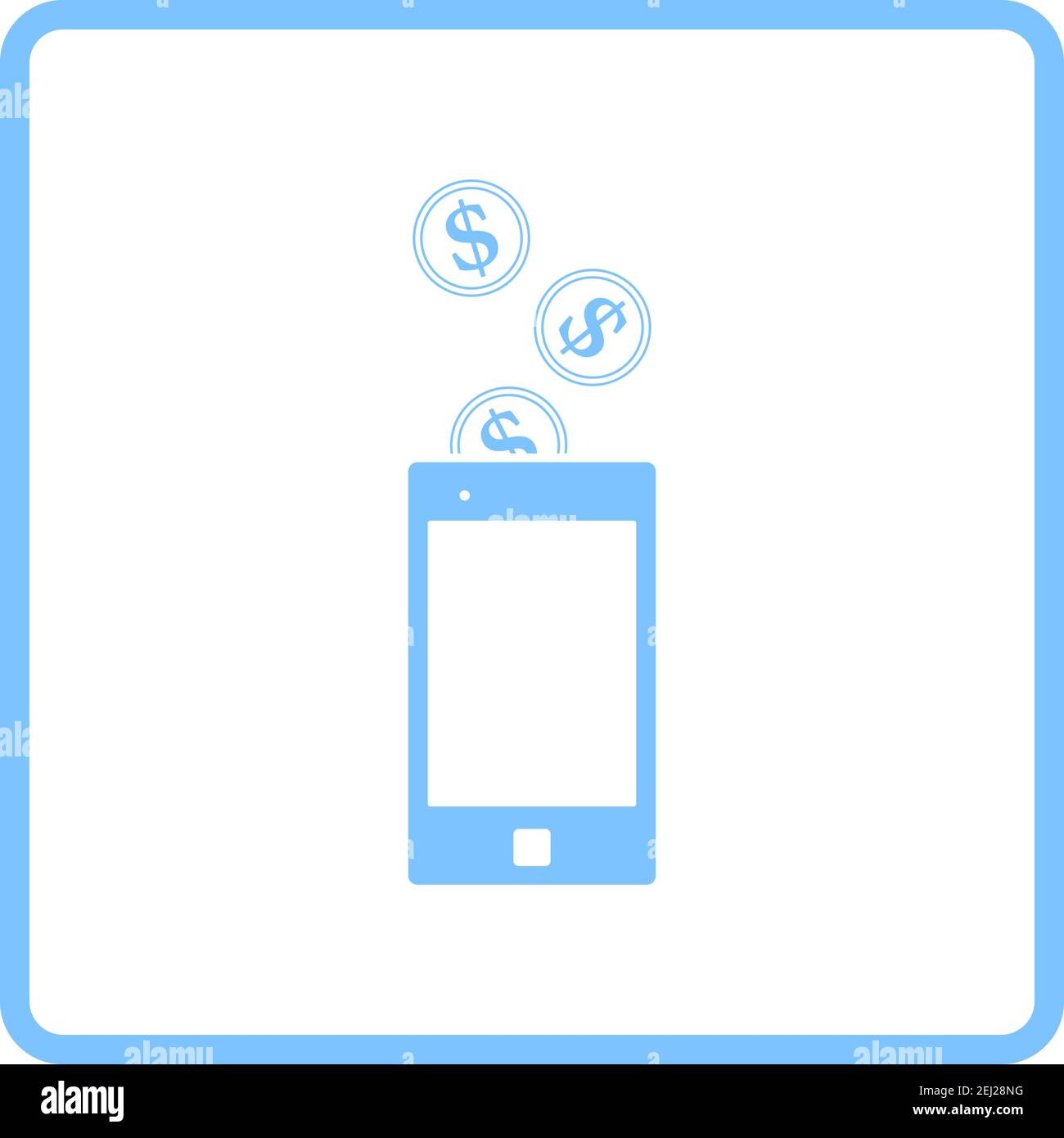 Le monete d'oro cadono nell'icona dello smartphone. Design con cornice blu. Illustrazione vettoriale. Illustrazione Vettoriale