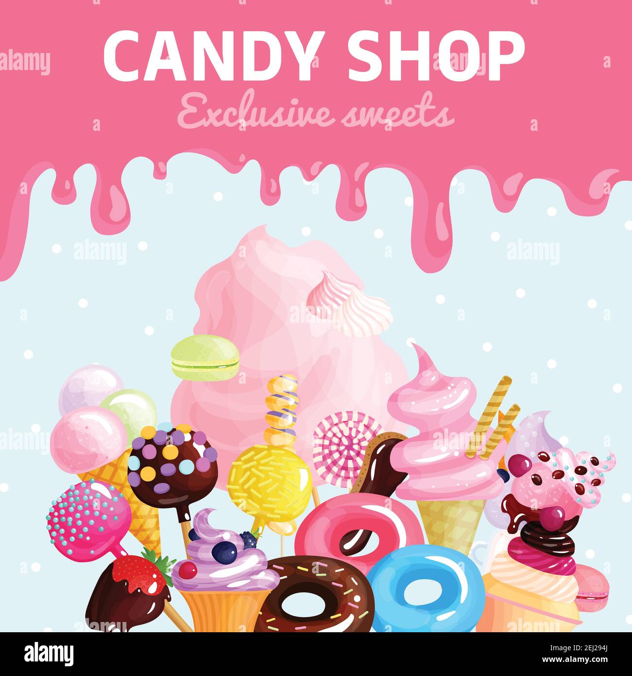 Cartoni colorati caramelle caramelle poster negozio con esclusivo titolo dolci e un sacco di illustrazione vettore crema Illustrazione Vettoriale