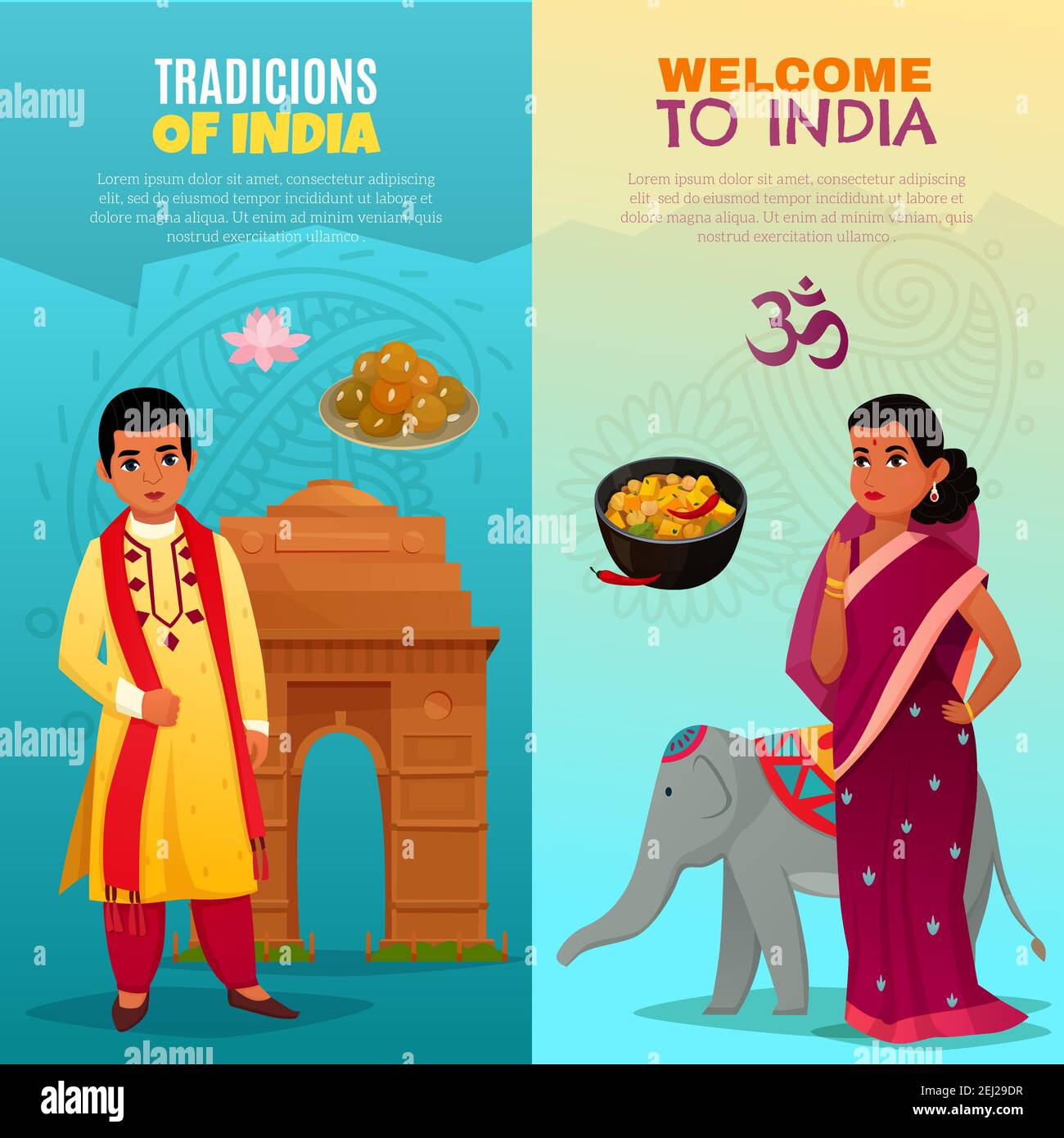 Cartoon set di due bandiere verticali con cucina tradizionale nazionale costumi e simboli di india isolato vettore illustrazione Illustrazione Vettoriale