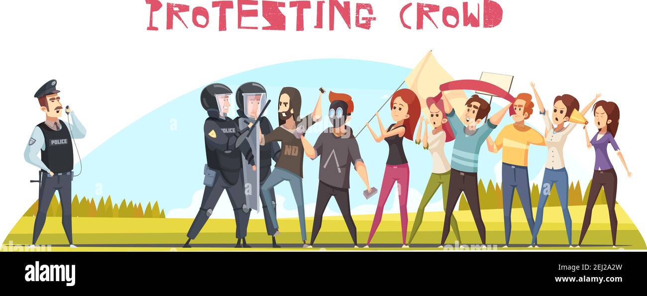 Protestare poster folla con guardie di ordine e gruppo di i giovani che mostrano un'illustrazione del vettore di cartoni animati di protesta emotiva Illustrazione Vettoriale