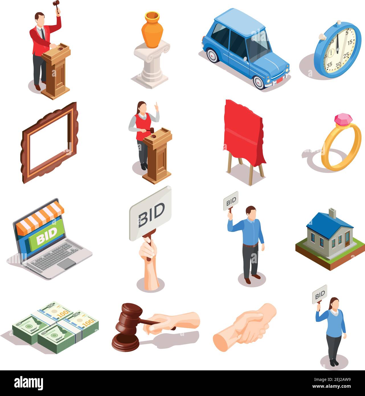 Aste icone isometriche Set di beni isolati personaggi umani martello immagini di handshake e denaro con immagini vettoriali di ombre Illustrazione Vettoriale