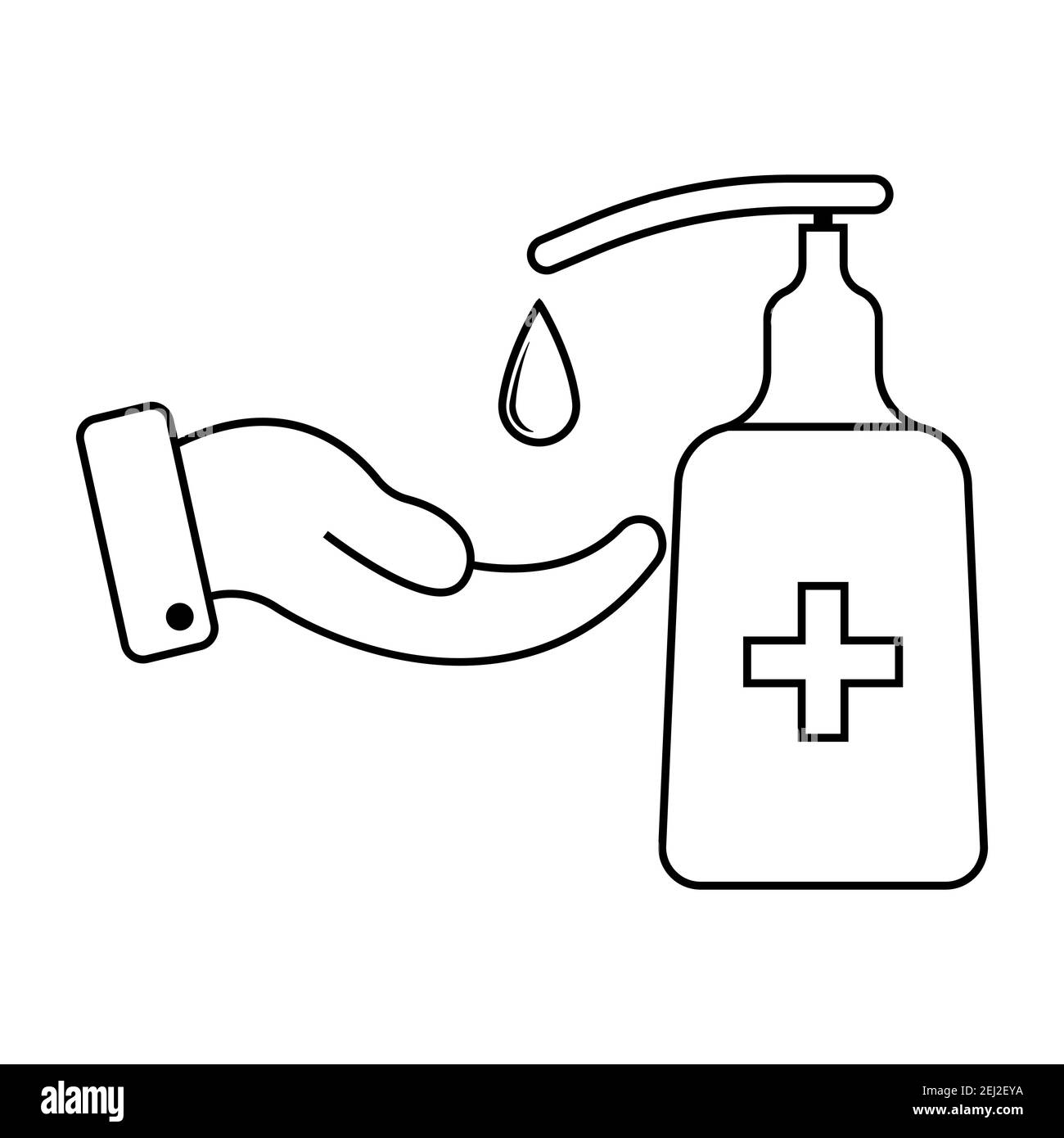 Sapone liquido disinfettante antisettico a base di alcol, simbolo di icona vettoriale sulla mano goccia disinfettante liquido sapone prodotto simbolo di igiene Illustrazione Vettoriale