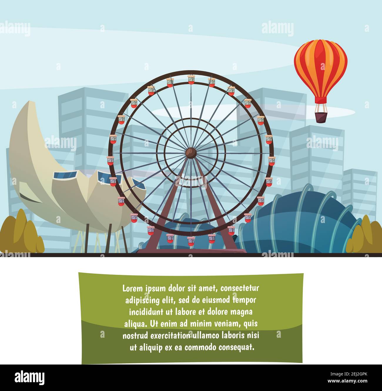 Singapore marina Bay Sands Flyer attrazione e il museo a forma di loto immagine vettoriale del poster della composizione ortogonale colorata del riferimento anatomico Illustrazione Vettoriale