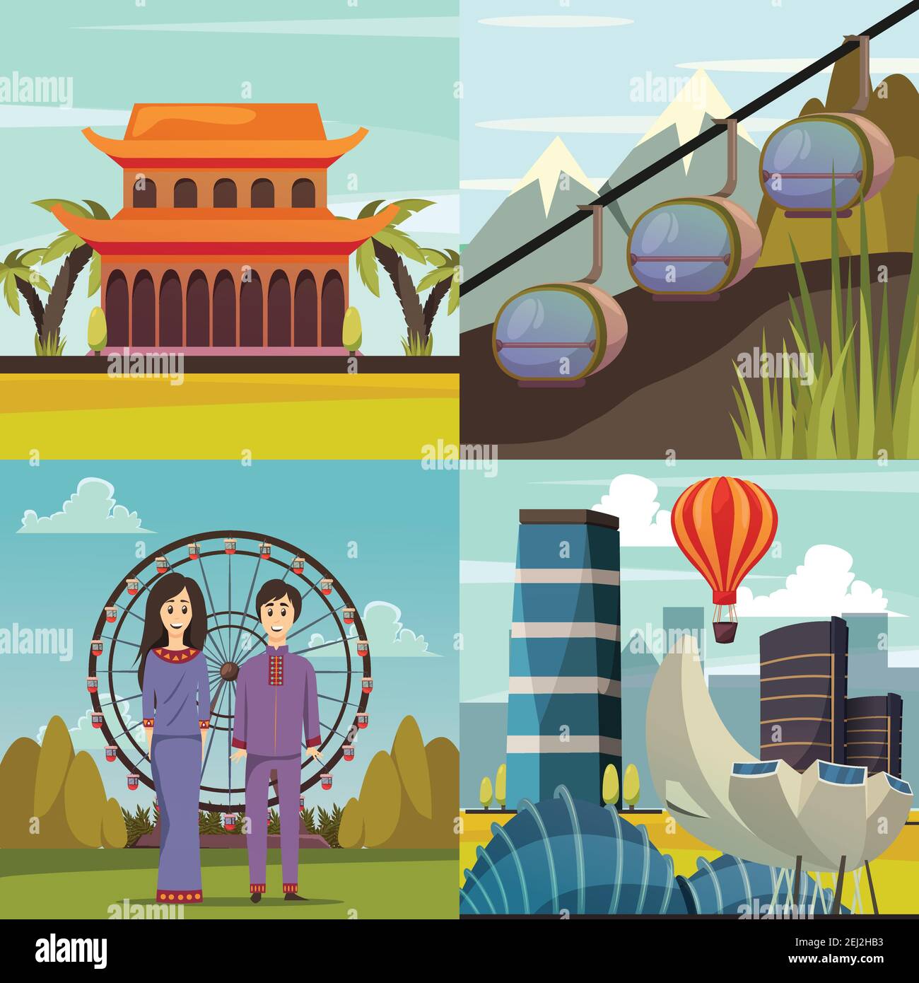 Singapore Landmarks Collection 4 icone ortogonali piazza con marina baia volantino museo funivia isolato vettore illustrazione Illustrazione Vettoriale