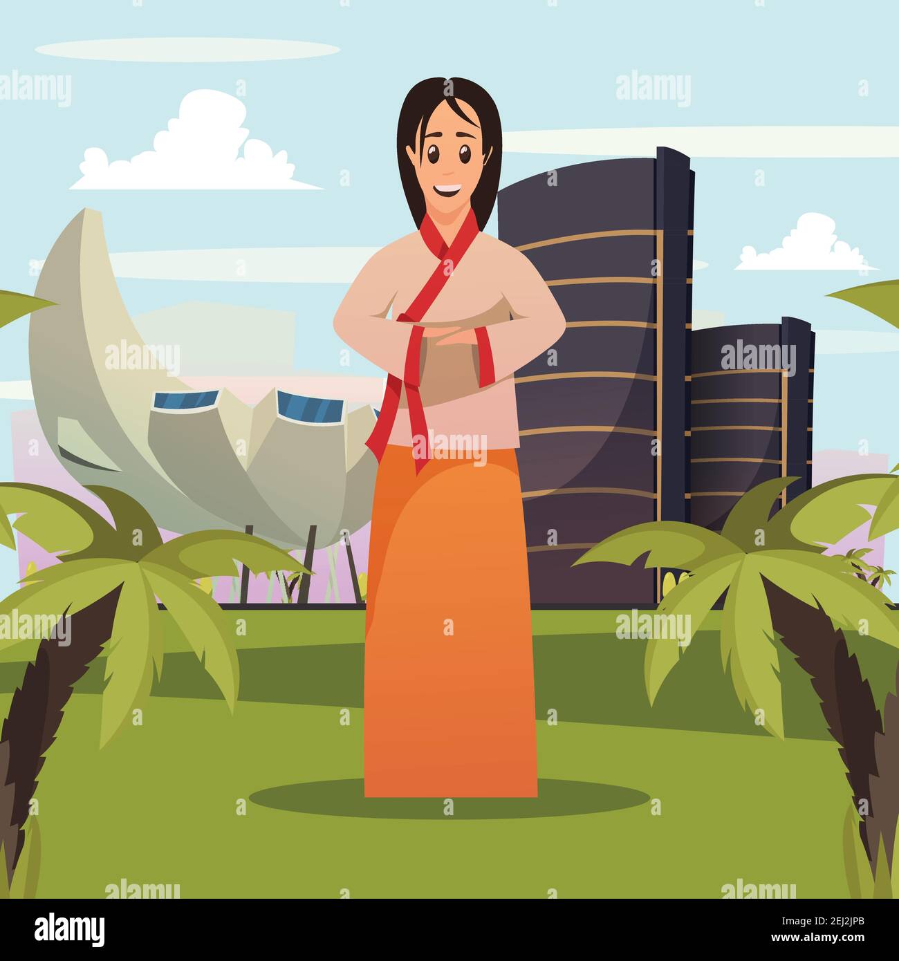 Singapore attrazioni turistiche poster ortogonale con donna accogliente in nazionale abbigliamento e punti di riferimento per le visite turistiche, illustrazione vettoriale di sfondo Illustrazione Vettoriale