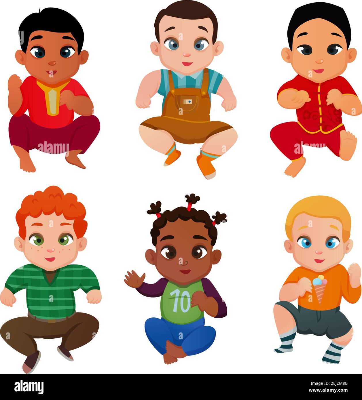 Baby internazionale set con diverse razze e nazionalità simboli flat illustrazione vettoriale isolata Illustrazione Vettoriale