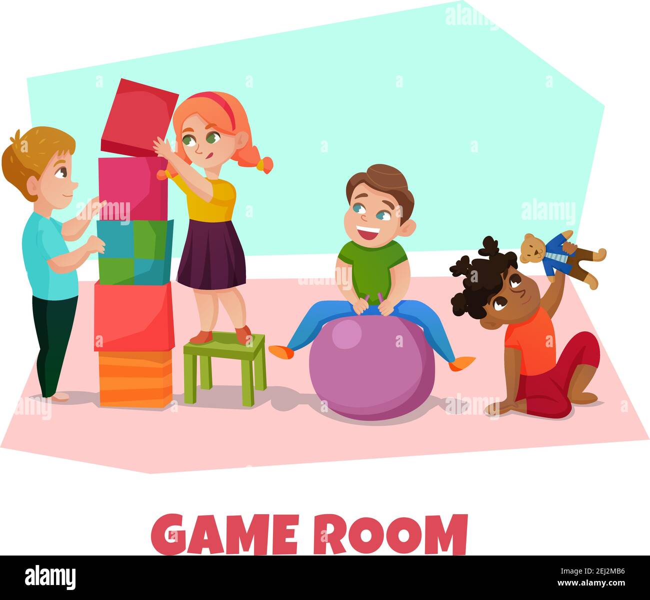 Sala giochi con giocattoli per bambini e simboli da gioco vettore piatto illustrazione Illustrazione Vettoriale