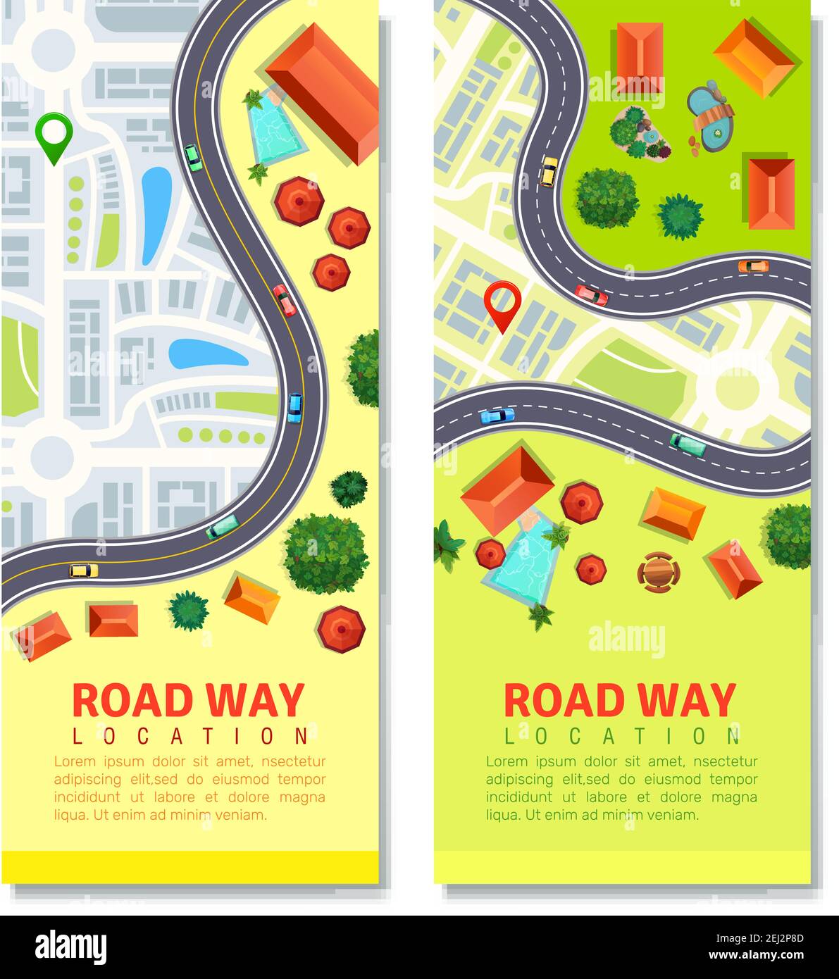 Roadway top view banner verticali con posizione di trasporto sulla mappa della città, case residenziali isolato illustrazione vettoriale Illustrazione Vettoriale