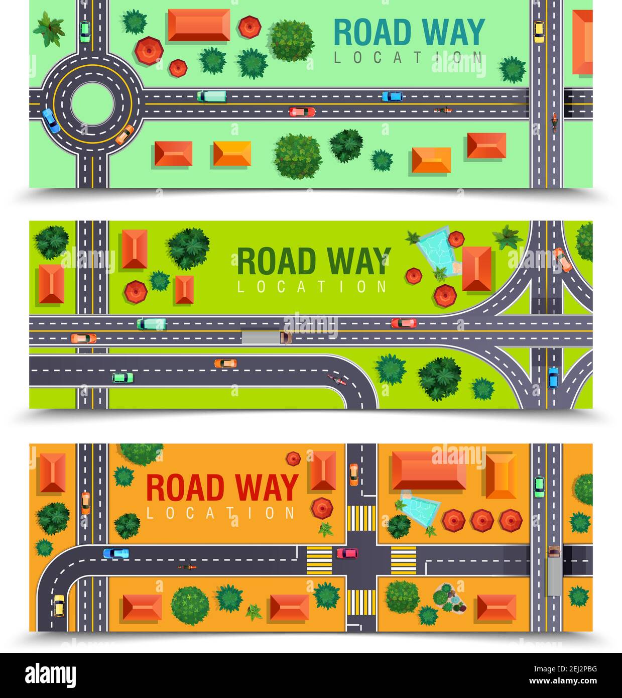 Serie di striscioni orizzontali con carreggiata che includono incroci, incroci, veicoli, edifici su sfondo a colori illustrazione vettoriale isolata Illustrazione Vettoriale