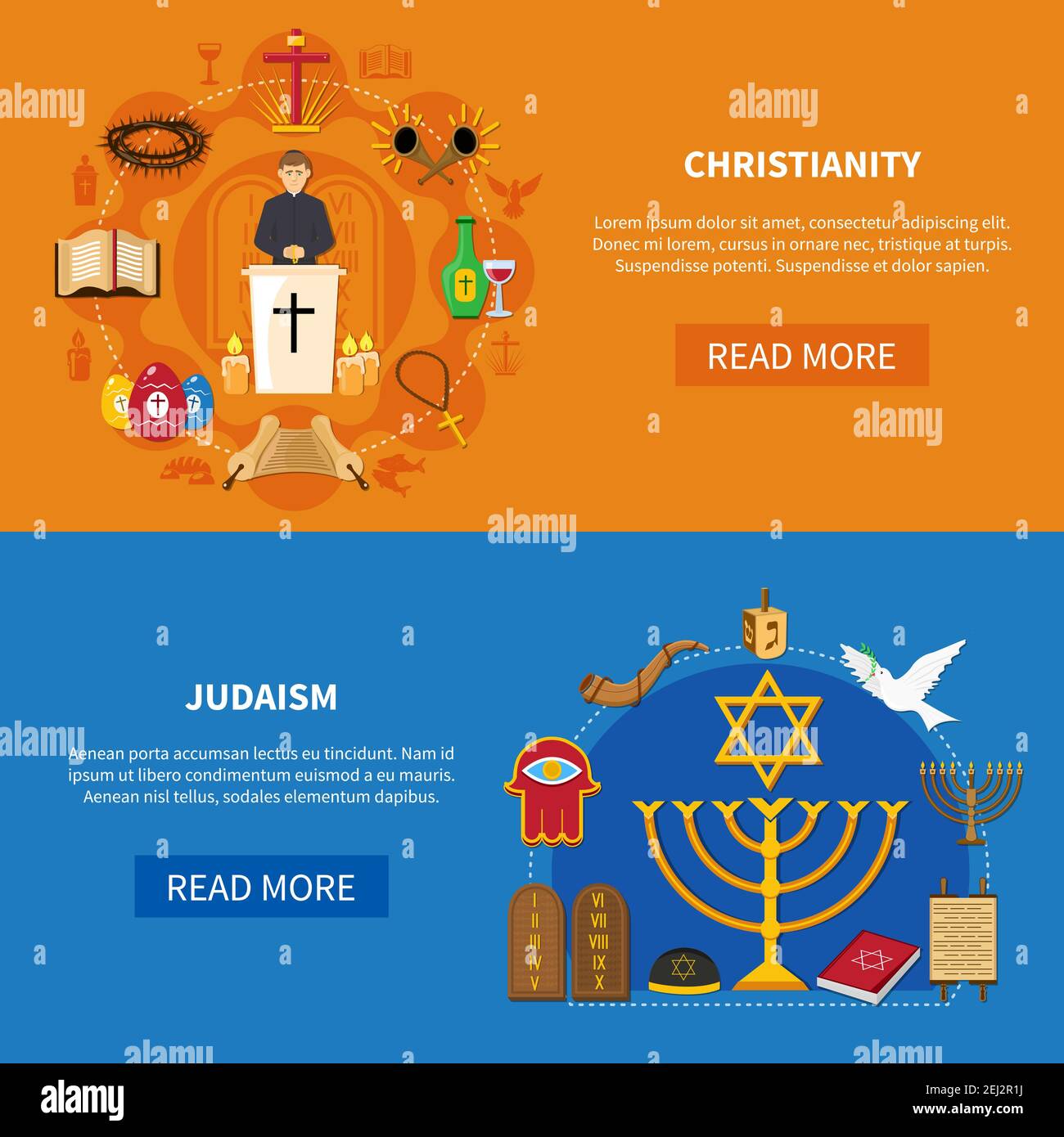 Due bandiere di religioni orizzontali colorate con Cristianesimo e Giudaismo descrizioni e leggere più pulsanti illustrazione vettoriale Illustrazione Vettoriale