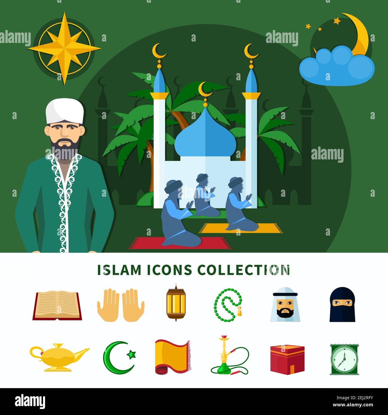 Religioni insieme di icone piatto composizione con isolato icone raccolta circa Islam religione illustrazione vettoriale Illustrazione Vettoriale