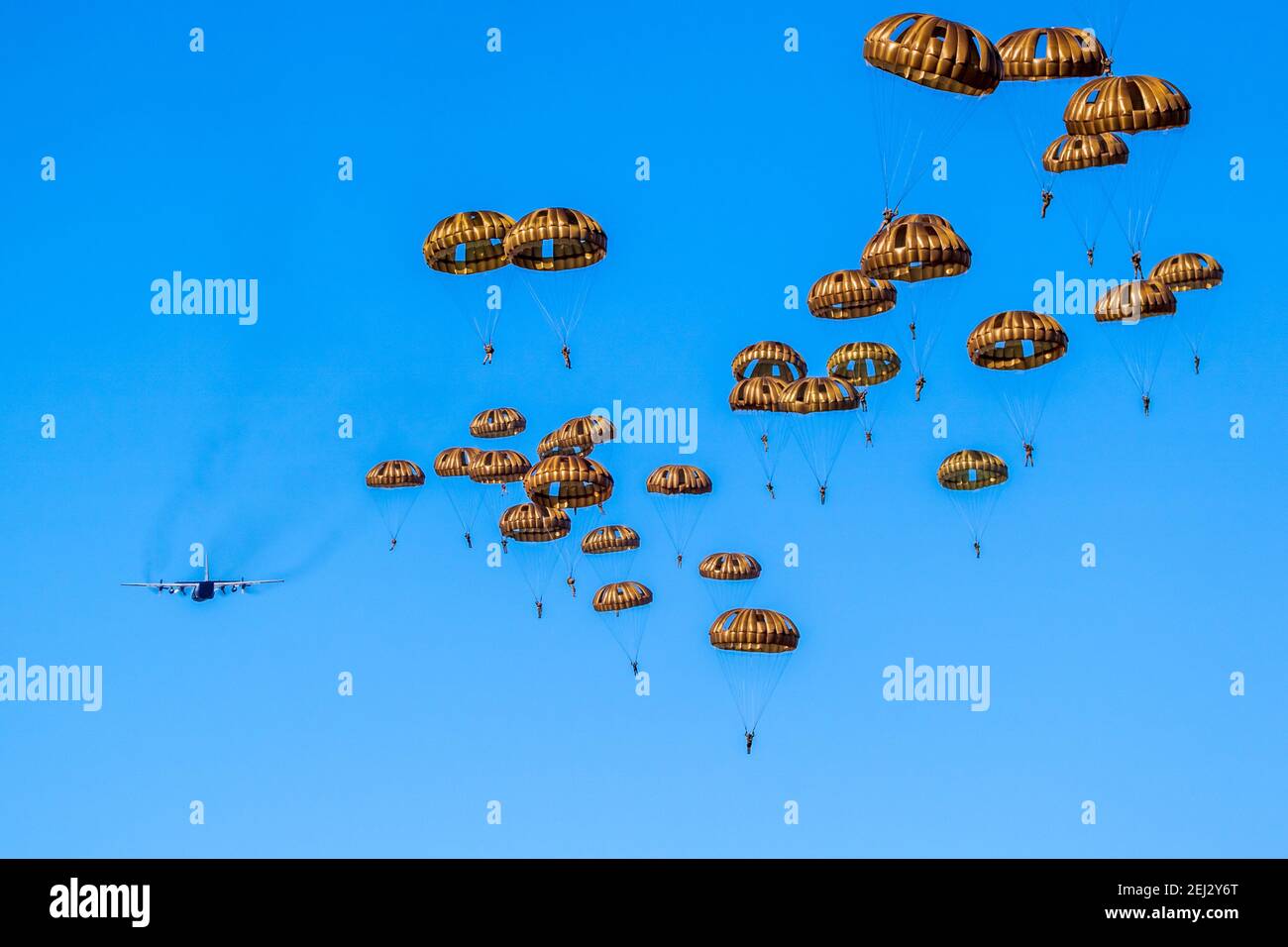 Paracadutisti militari paracadutisti paracadutisti che saltano fuori da un aereo di forze aeree in una giornata di cielo blu chiaro. Foto Stock