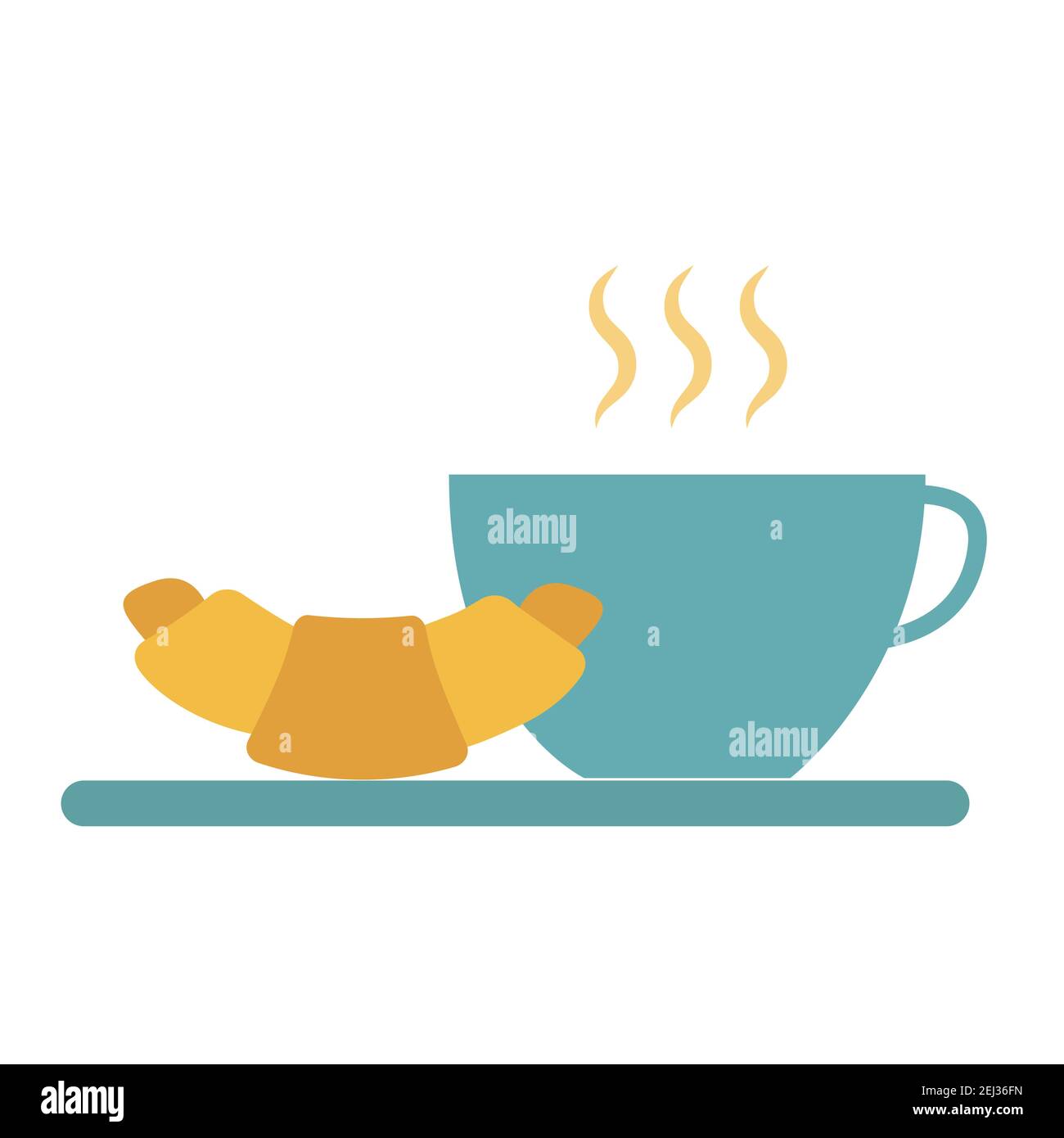 Tazza di tè caldo, caffè e croissant. Semplice icona del cibo in stile trendy isolato su sfondo bianco per applicazioni web e concetto mobile. Rapporto di illuminazione vettoriale Illustrazione Vettoriale