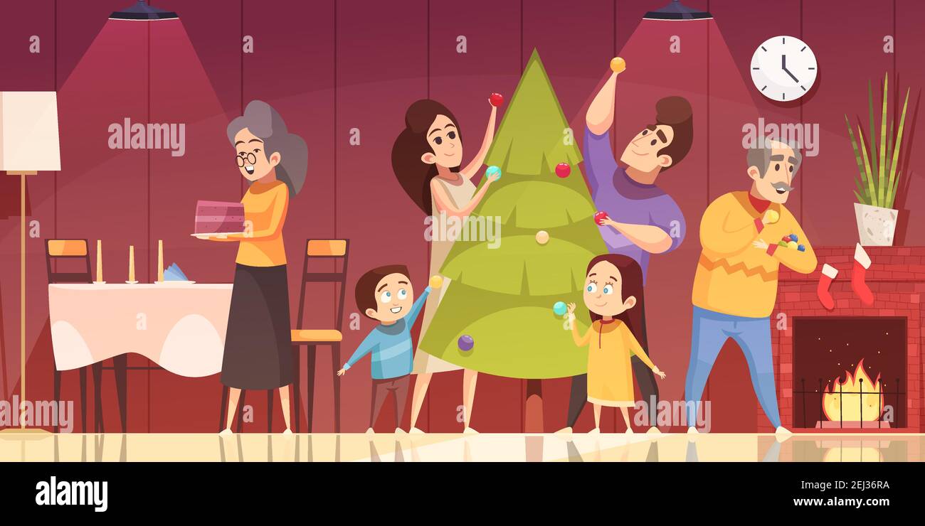 Famiglia che decorano l'abete e si prepara a celebrare il natale a. illustrazione vettoriale di home cartoon Illustrazione Vettoriale