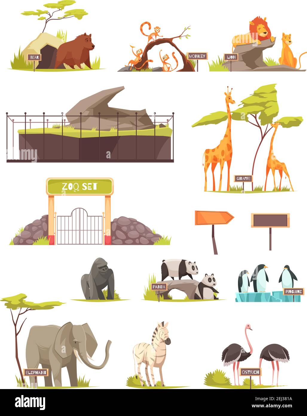 Zoo Animali cartoon icone collezione con zebra elefante uccello struzzo lions giraffe panda pinguini isolato vettore illustrazione Illustrazione Vettoriale