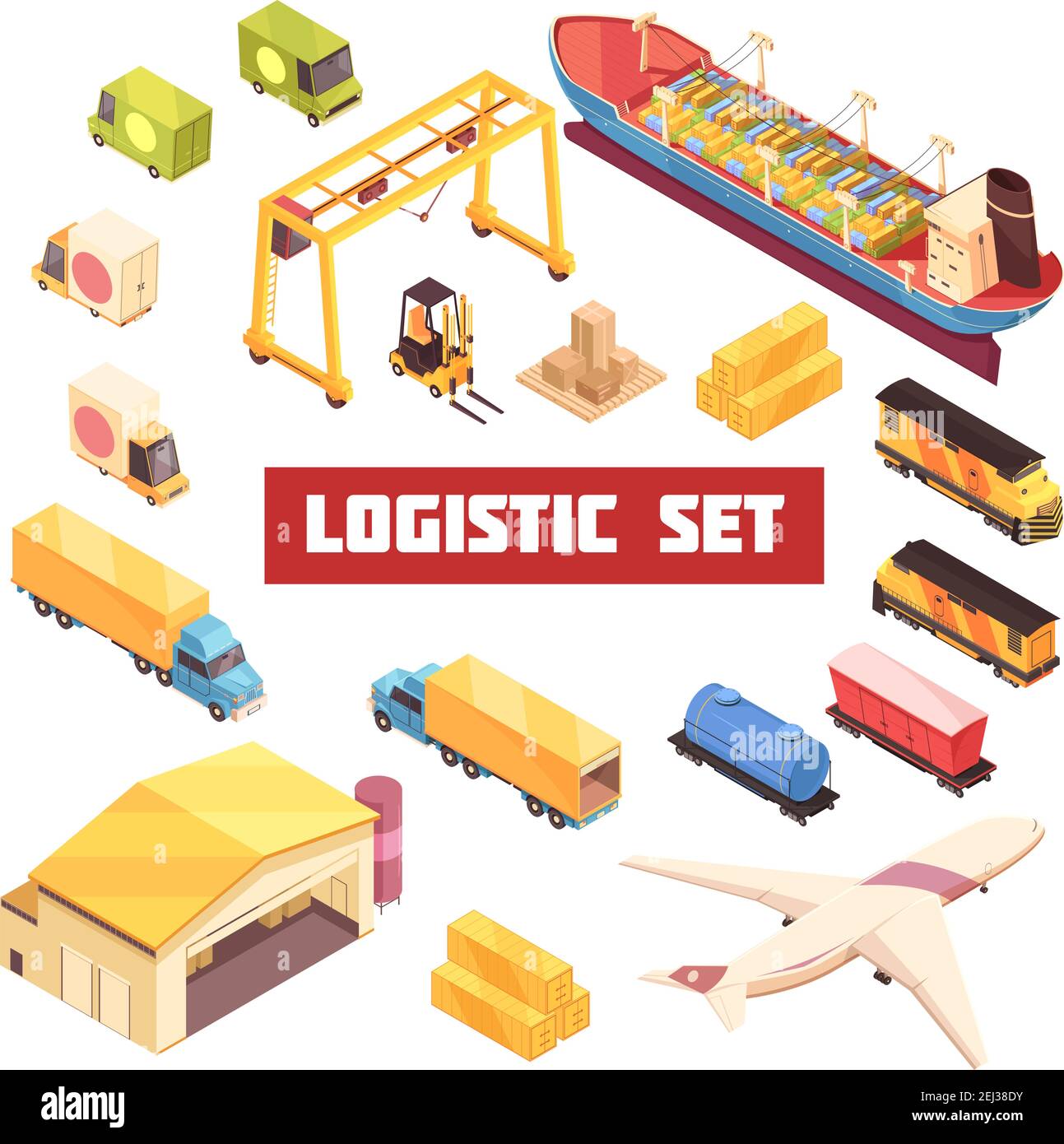 Logistica magazzino trasporto industriale magazzino attrezzature isometriche raccolta con camion aerei e vettore cargo illustra Illustrazione Vettoriale