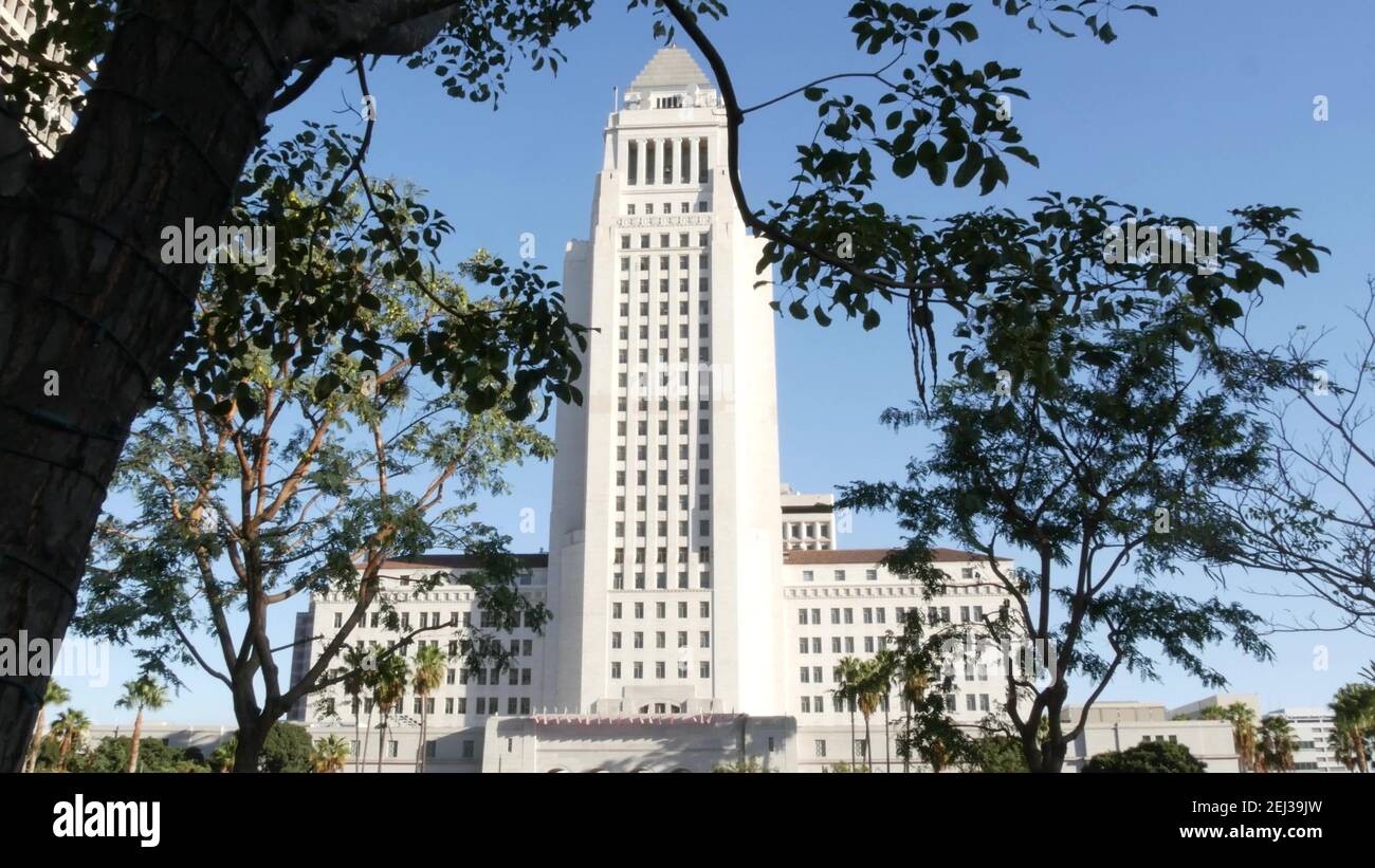 LOS ANGELES, CALIFORNIA, Stati Uniti d'America - 30 OTT 2019: Esterno dell'edificio alto del Municipio nel Grand Park. L'ufficio del sindaco in centro. Centro civico municipale, fe Foto Stock