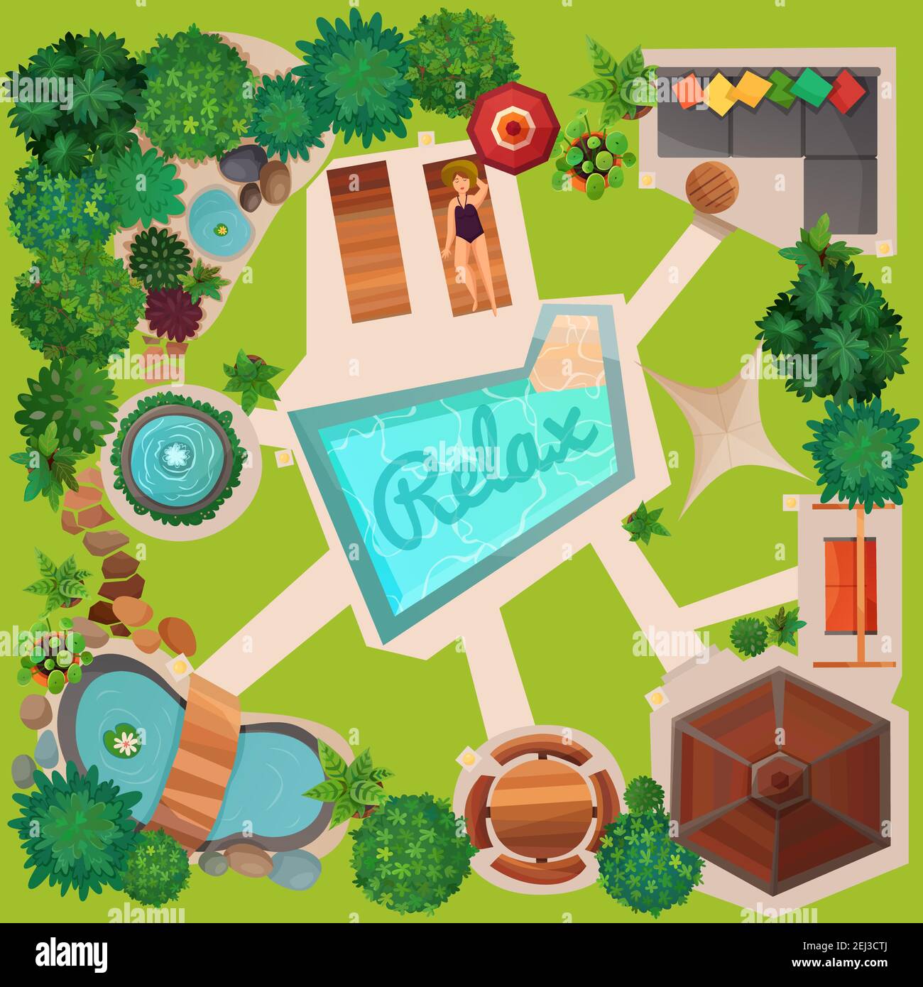 Progettazione paesaggistica di plottaggio vista dall'alto con piscina,  gazebo, altalena, mobili da giardino e decorazioni illustrazione vettoriale  Immagine e Vettoriale - Alamy
