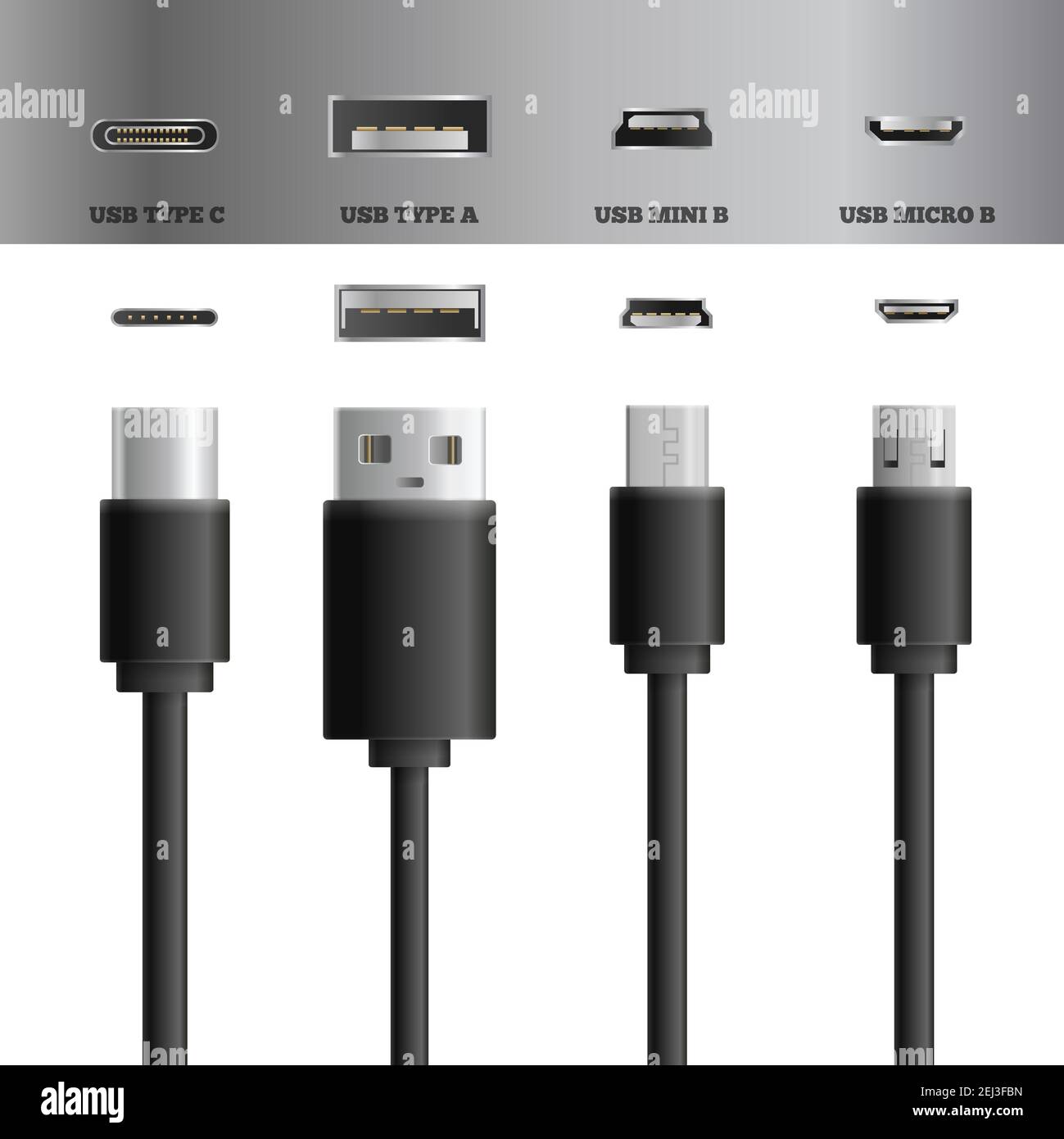Connettori per cavi usb realistici tipi di immagini con moderni tipi di connettori maschio e femmina usb illustrazione vettoriale Illustrazione Vettoriale