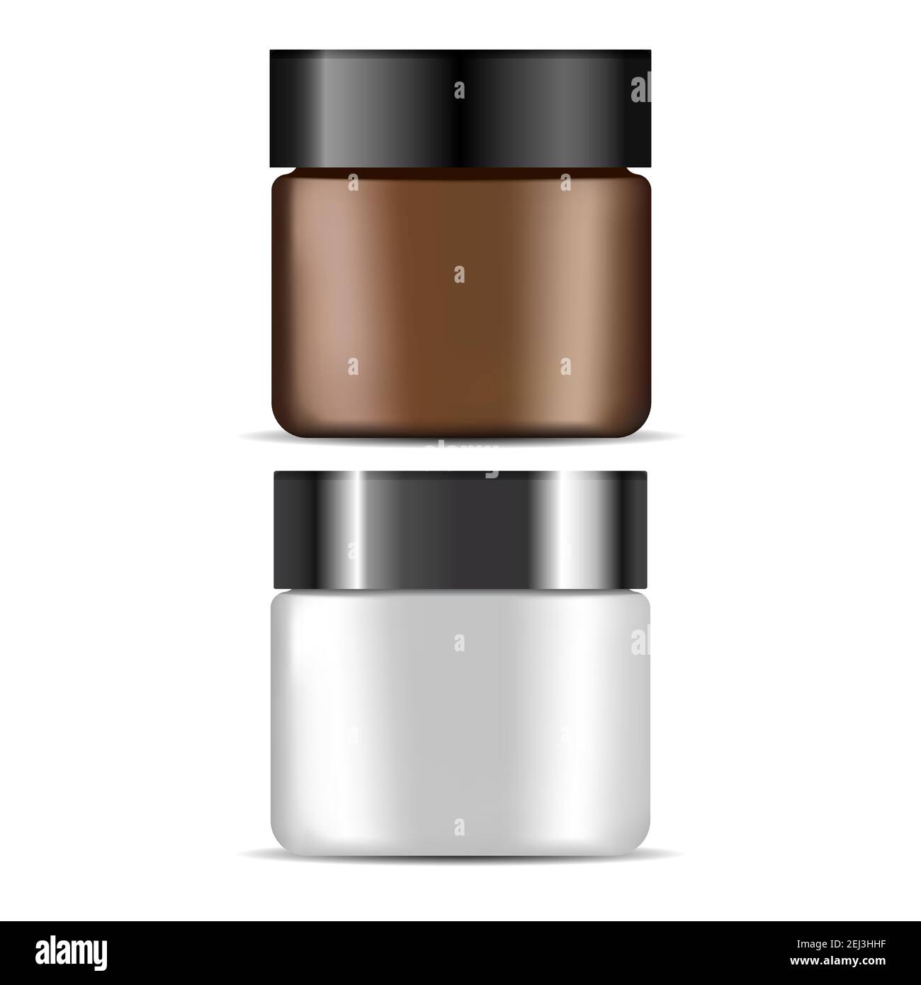 Vasetto di crema cosmetica, marrone, bianco bottiglia vettore vuoto. Contenitore per lozione di bellezza, modello di confezionamento per la cura della pelle del viso. Svuota il mockup di vetro di scricchiolatura sopra Illustrazione Vettoriale