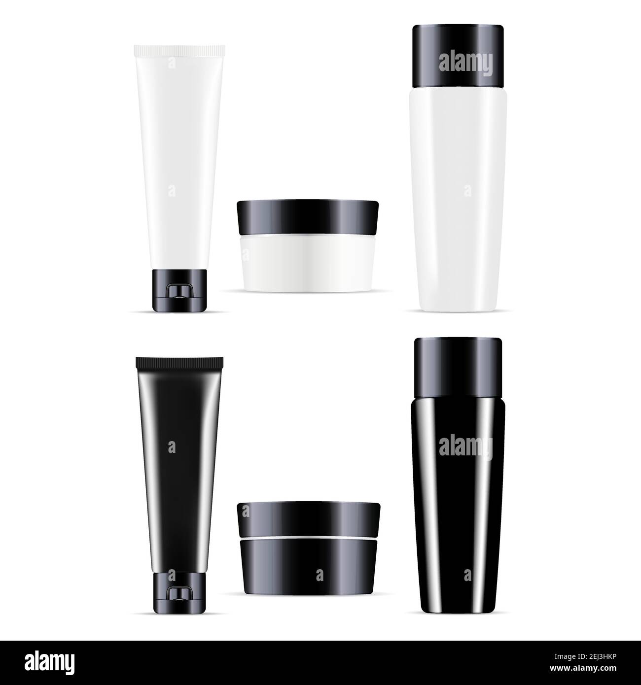 Bottiglia cosmetica, contenitore, confezione di vasetto crema, set 3D vuoto. Confezione lucida di lusso isolata su sfondo bianco. Balsamo per capelli confezione templa Illustrazione Vettoriale