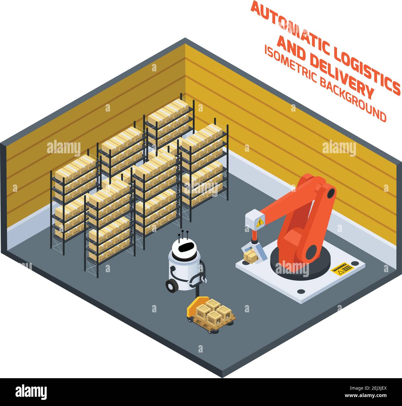Composizione isometrica logistica e consegna automatica con vettore di simboli di magazzino illustrazione Illustrazione Vettoriale