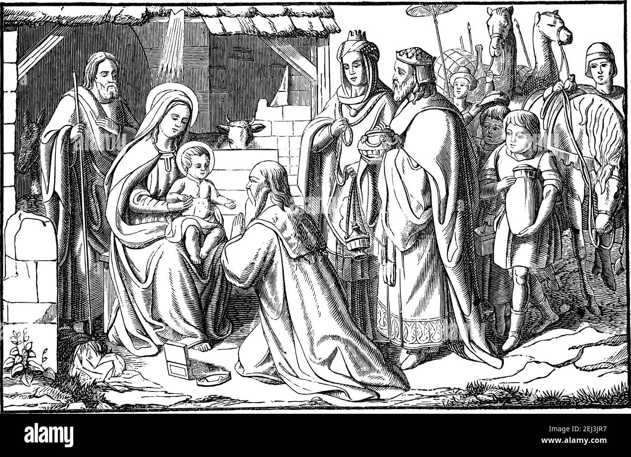 Tre re di saggi dell'Oriente visitano Gesù neonato a Betlemme e gli danno doni. Bibbia, nuovo Testamento, Matteo 2.Vintage disegno antico. Illustrazione Vettoriale