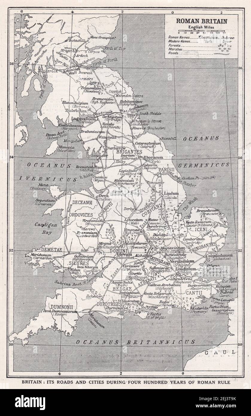 La Gran Bretagna romana - Mappa delle strade e delle città durante i quattrocento anni di regola romana. Foto Stock