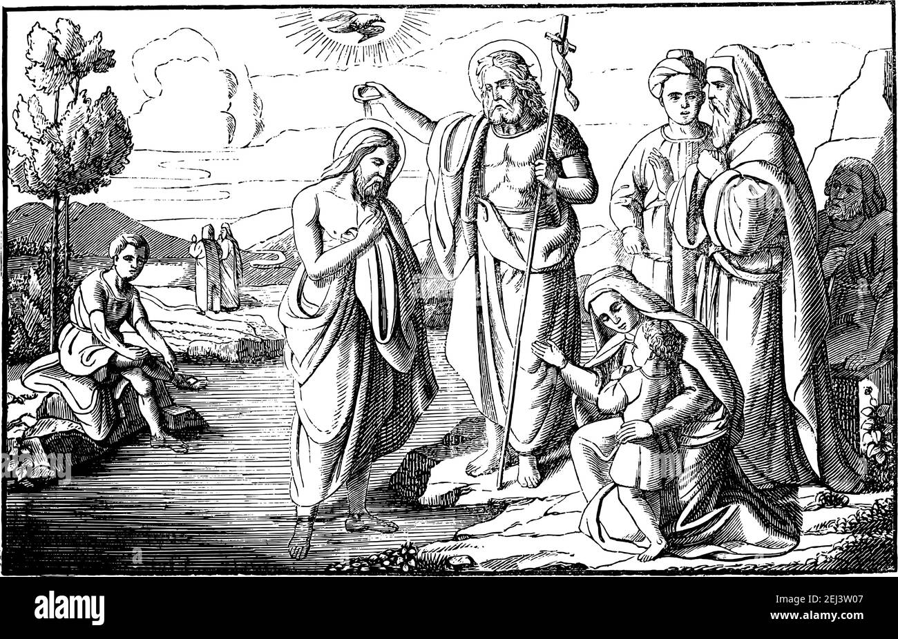 Giovanni Battista battezzando Gesù Cristo nel fiume Giordano. Disegno antico d'epoca. Bibbia, nuovo Testamento, Matteo 3. Illustrazione Vettoriale