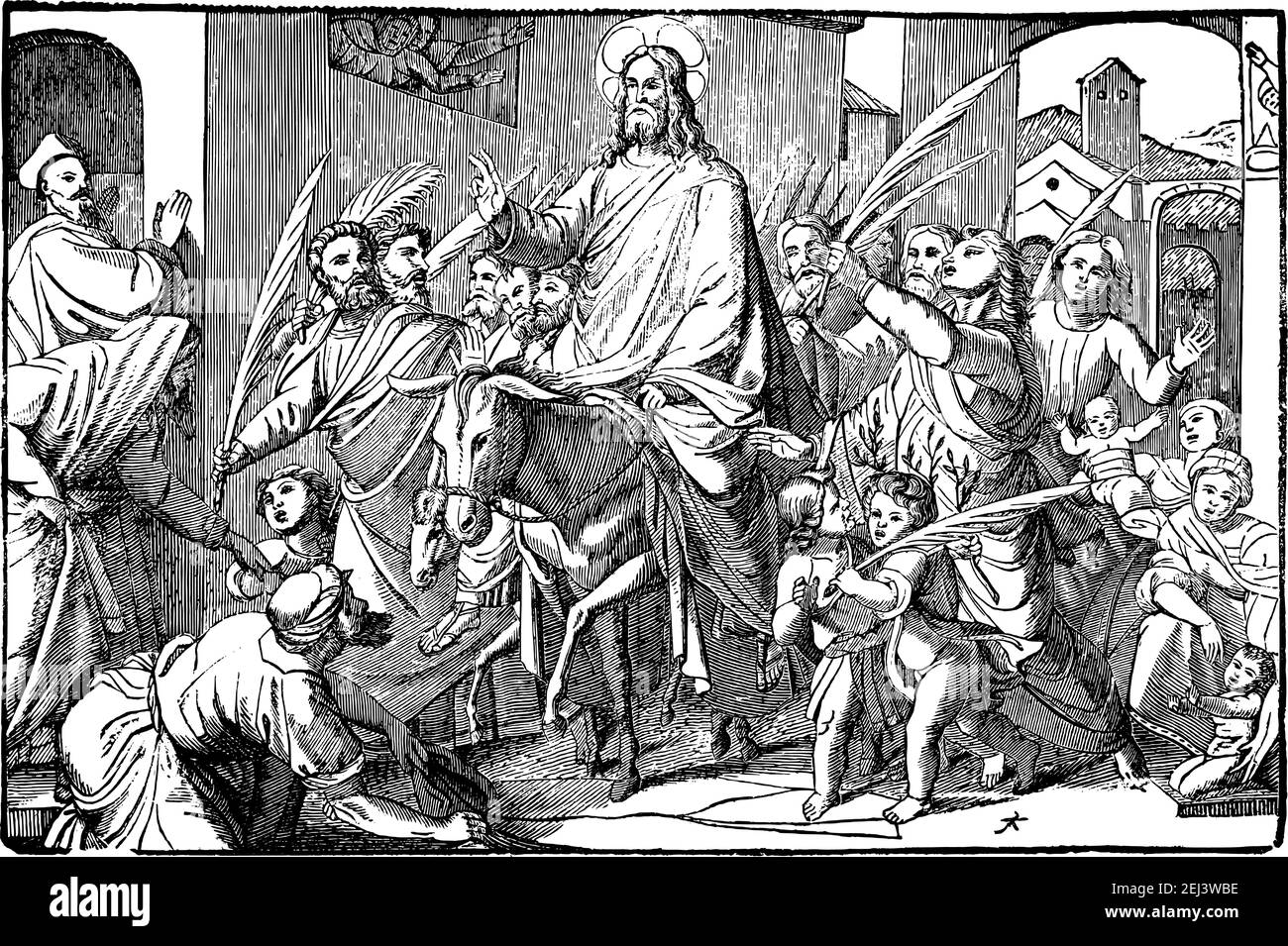 Gesù viene sull'asino a Gerusalemme trionfale come re accolto dalla folla. Disegno antico d'epoca. Bibbia, nuovo Testamento. Illustrazione Vettoriale