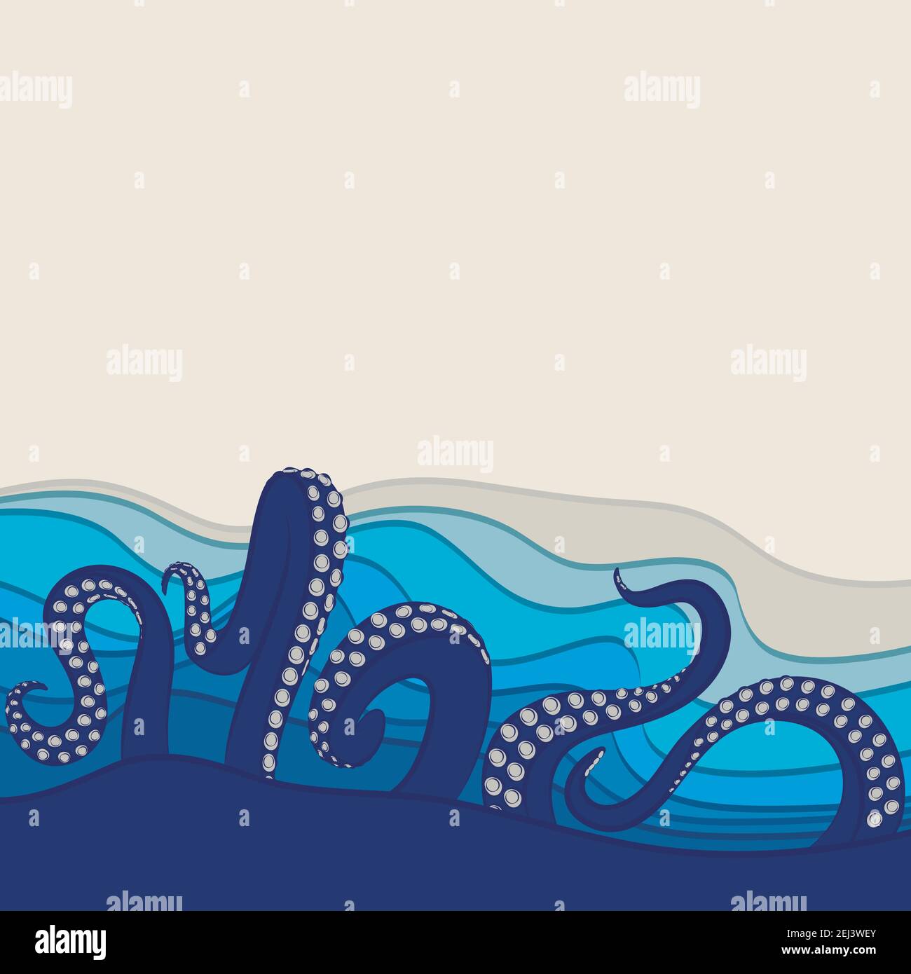 Fondo subacqueo con tentacoli di polpo. Illustrazione vettoriale con spazio per il testo. Illustrazione Vettoriale
