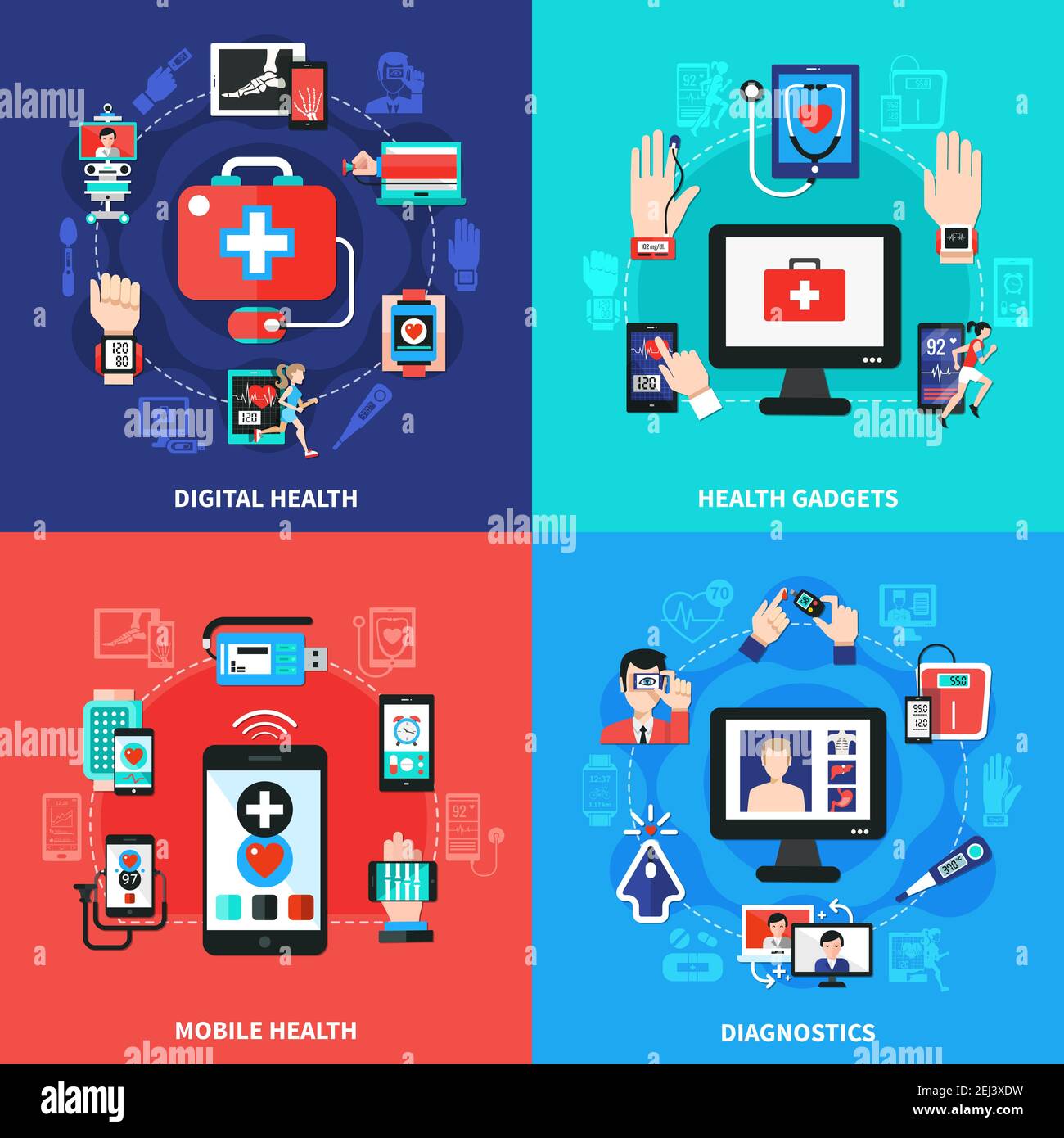 Dispositivi indossabili per la salute digitale per il controllo della frequenza cardiaca della pressione sanguigna 4 icone piatte concetto quadrato illustrazione vettoriale isolata Illustrazione Vettoriale