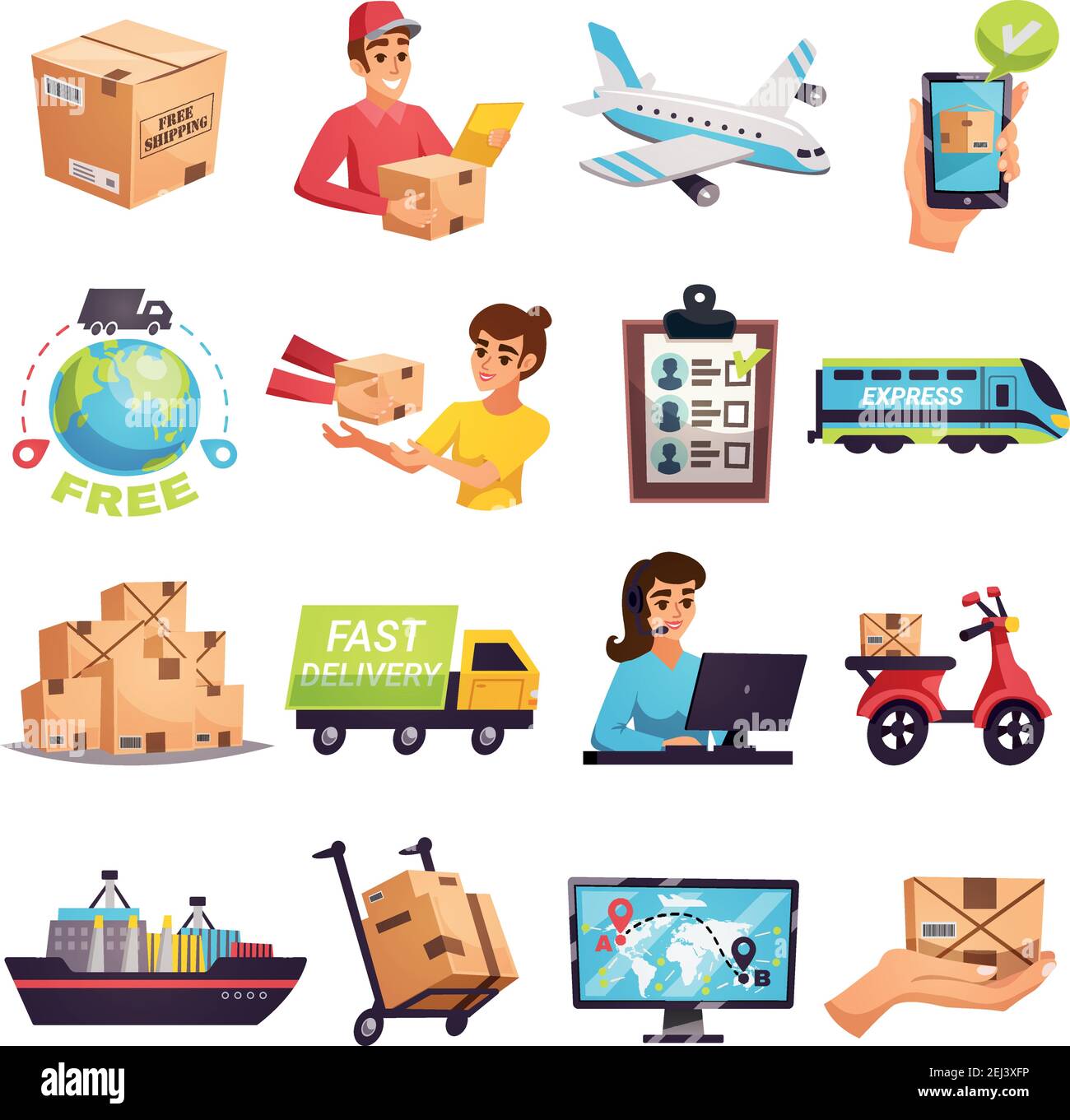 Raccolta di icone per il monitoraggio delle spedizioni con consegna espressa in tutto il mondo e per i servizi di corriere con operatori di trasporto pacchi isolato vettore illustrazione Illustrazione Vettoriale