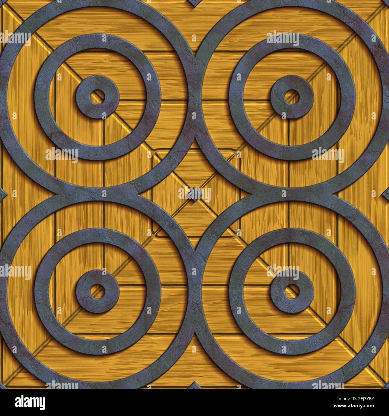 Rendering 3D di piastrelle di fondo senza cuciture in plastica con goffratura metallica elemento su base in legno Foto Stock