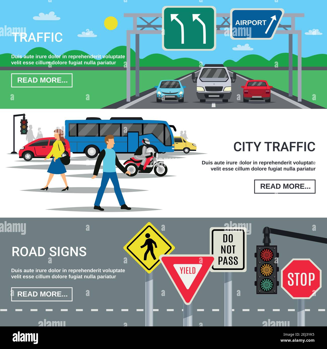Traffico 3 banner orizzontali disegno pagina web con paese e città segnaletica stradale simboli vettoriali piatti isolati Illustrazione Vettoriale